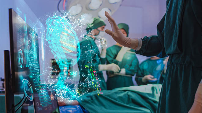Doctor using hologram modern virtual screen interface Respiratory System in the operating room, innovative and future of medical and healthcare technology
