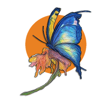 A butterfly with a yellow wing and blue body is perched on an orange background. AI generated content