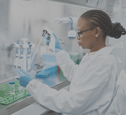 Female scientist analyzing medical sample in test tube  Young researcher is wearing lab coat  She is concentrating while working in laboratory 