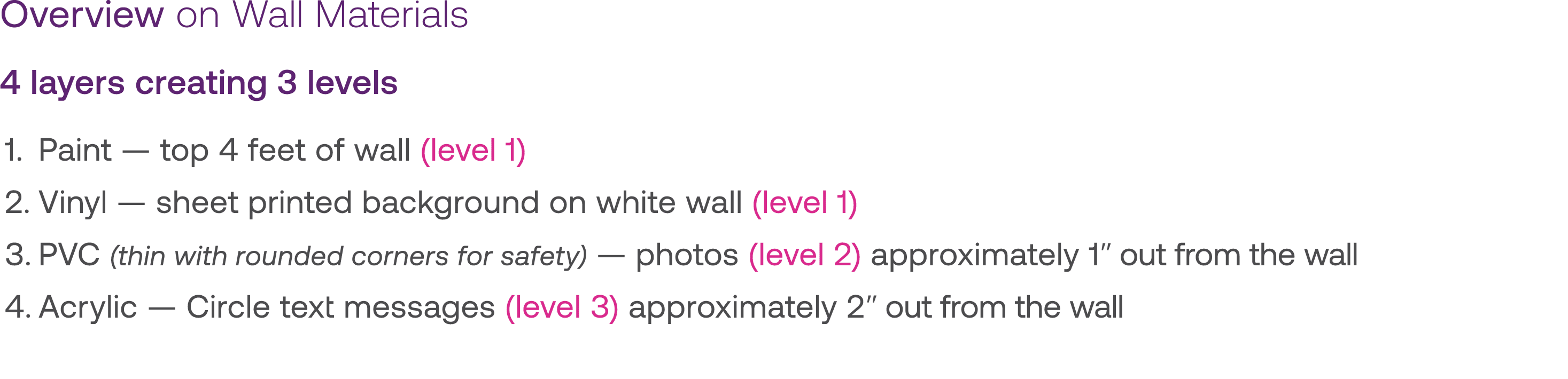 Overview on Wall Materials 4 layers creating 3 levels 1  Paint — top 4 feet of wall (level 1) 2  Vinyl — sheet printe   