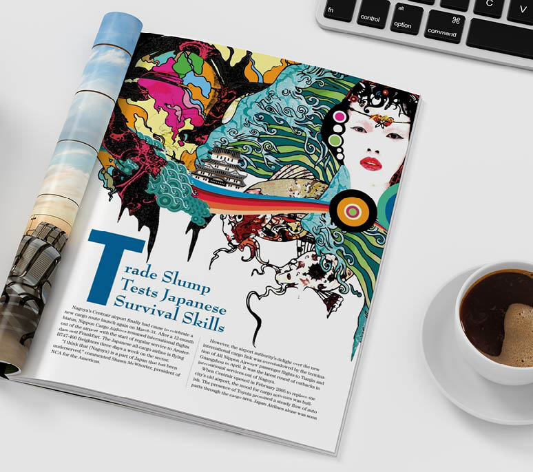 Magazine right-hand page mockup on BBB workplace desk. 3d illustration