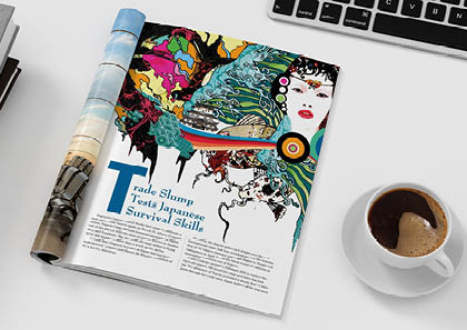 Magazine right-hand page mockup on BBB workplace desk. 3d illustration