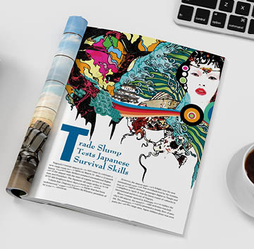 Magazine right-hand page mockup on BBB workplace desk. 3d illustration