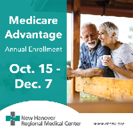 A man and woman are shown sitting on a bench, smiling and enjoying a cup of coffee. The image is advertising Medicare Advantage, with the date of the annual enrollment period shown as October 15-December 7. AI generated content