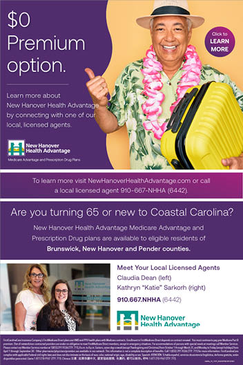 A man wearing a straw hat and holding a suitcase is smiling in an advertisement for New Hanover Health Advantage. AI generated content