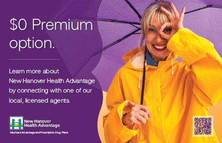 A woman in a yellow raincoat is holding an umbrella and looking at the camera. The umbrella is open and purple. The woman is smiling and appears to be enjoying herself. The image is advertising a $10 premium option for a new health advantage. AI generated content