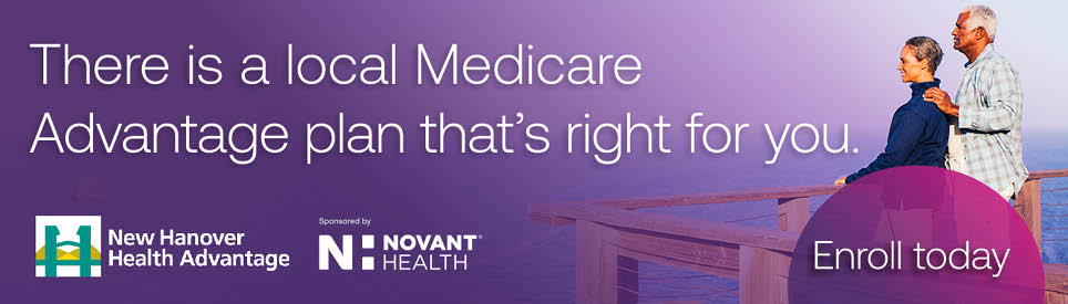 A man and woman are shown on a billboard, both sitting on a bench. The advertisement is for a local Medicare advantage plan. AI generated content