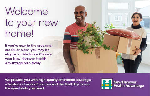 A man and woman are moving into their new home, with the man holding a box of potted plants. The woman is holding a box of books. The man is smiling, and the woman is looking at the camera. The advertisement is for a healthcare plan. AI generated content