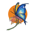 A butterfly with a yellow wing and blue body is perched on an orange background. AI generated content