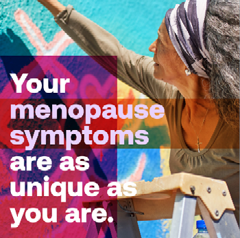 A woman is painting a mural on a wall, while a sign in the background reads “Your menopause symptoms are as unique as you are." AI generated content