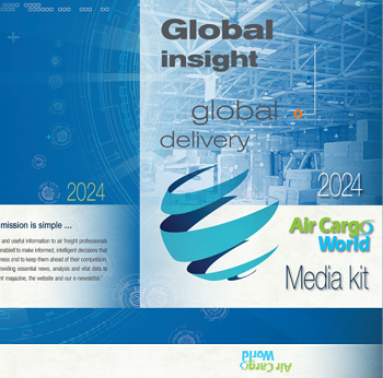 A blue and white advertisement for Air Cargo World Media Kit. AI generated content