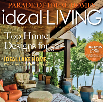 A magazine cover featuring a house with a large deck and a lake view. AI generated content