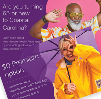 Two people are shown in a flyer for a health advantage. One person is holding an umbrella and the other is wearing a yellow jacket. AI generated content