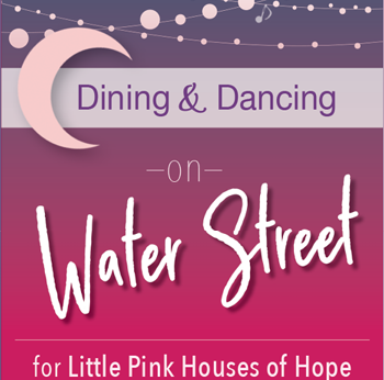 A pink and purple flyer advertises a dance event at the Little Pink House of Hope. AI generated content