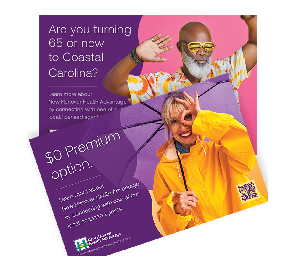 Two people are shown in a flyer for New Hanover Health Advantage. One person is holding an umbrella and the other is wearing a yellow jacket. AI generated content