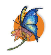 A butterfly with a yellow wing and blue body is shown on an orange background. AI generated content