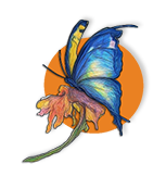 A butterfly with a yellow wing and blue body is shown on an orange background. AI generated content