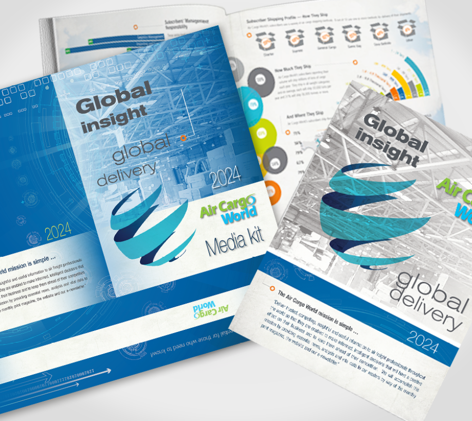 Four blue and white brochures are stacked on top of each other. AI generated content