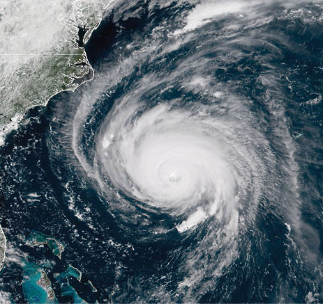 IN SPACE - SEPTEMBER 12: In this satellite image provided by U.S. National Oceanic and Atmospheric Administration (NOAA), Hurricane Florence churns through the Atlantic Ocean toward the U.S. East Coast on September 12, 2018. Florence slowed its approach to the U.S. today and was forecast to turn south, stalling along the  North Carolina and South Carolina coast and bringing with it torrential rain, high winds and a dangerous storm surge tomorrow through Saturday.  (Photo by NOAA via Getty Images)
