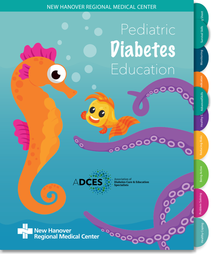 A colorful poster featuring a crab and a fish, both with smiles on their faces, and the words “Pediatric Diabetes Education" written in the top right corner. AI generated content