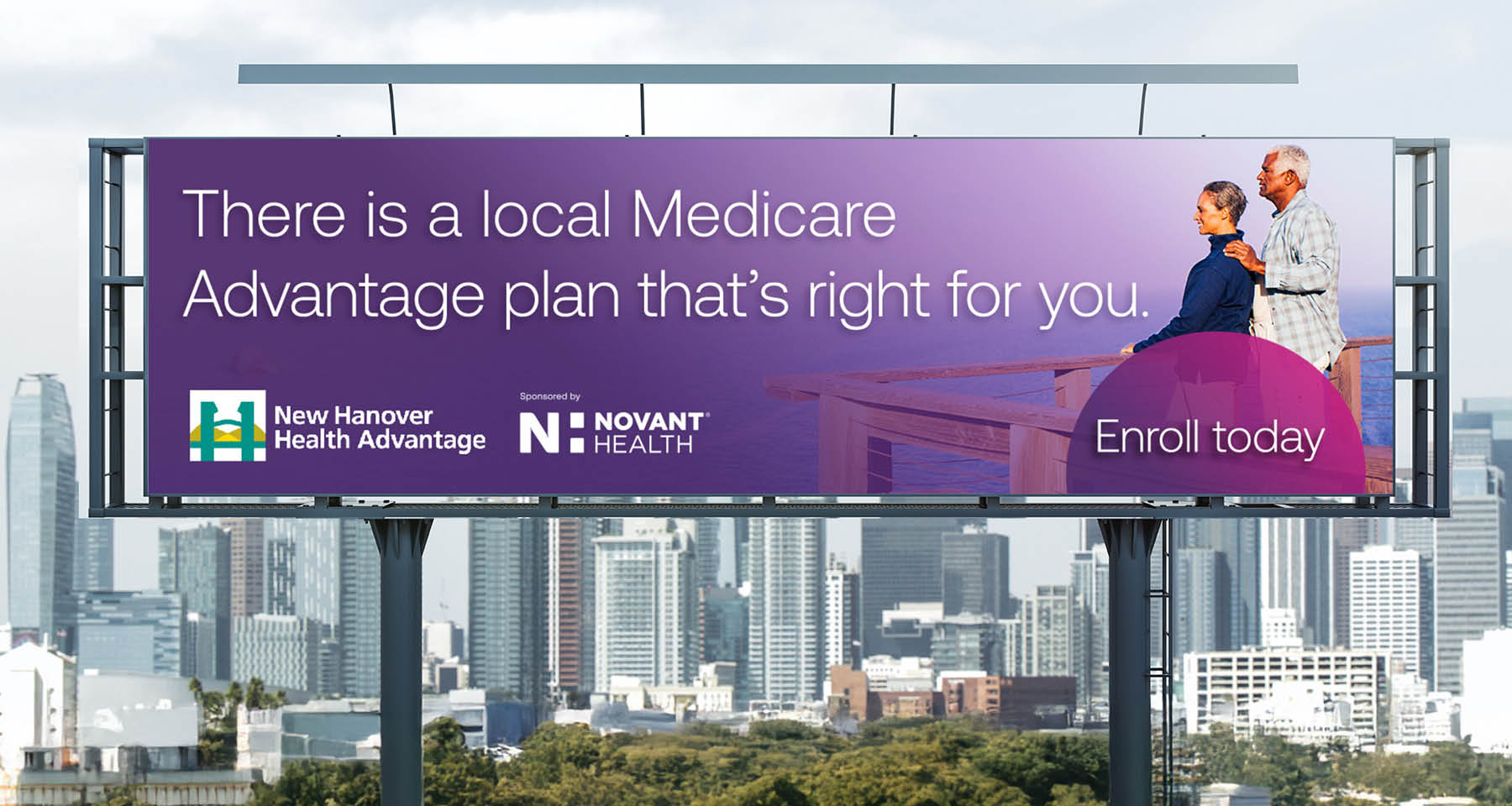 A large billboard advertises a local Medicare advantage plan. AI generated content