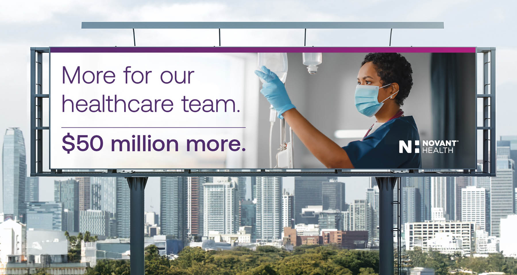 A billboard advertising a healthcare team with a woman wearing a mask and gloves. AI generated content