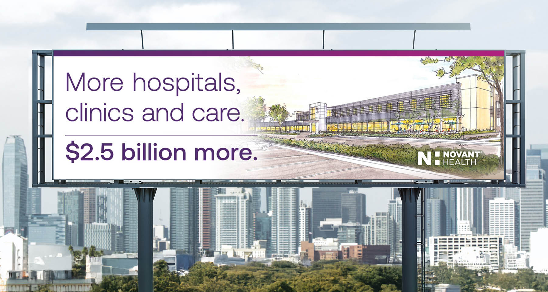 A billboard advertises a hospital, clinics, and care for $2.5 billion. AI generated content