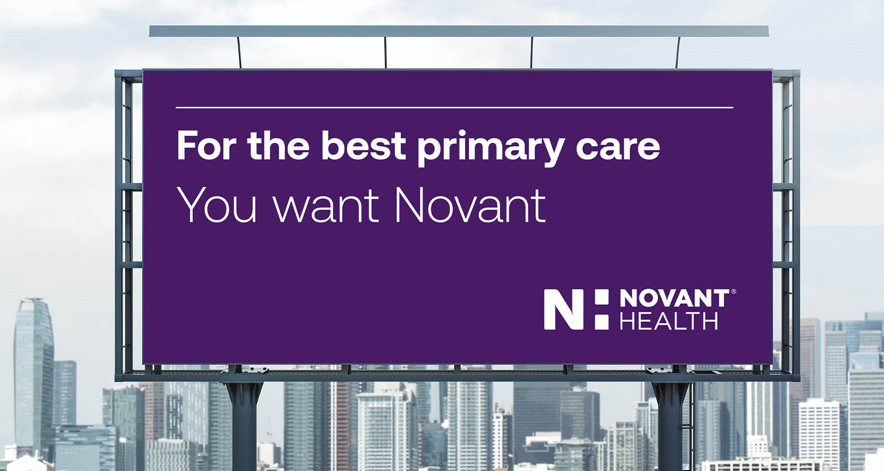 A large purple billboard advertises Novant Health, a healthcare provider. AI generated content